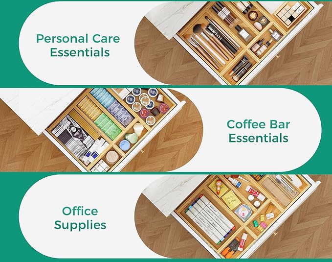 Bamboo Kitchen Drawer Organizer Boxes – 12" x 3" Stackable Wood Silverware Utensil Tray for Drawers Bins, Cutlery & Flatware Storage – Wooden Organizers Set of 2 for Junk Drawer, Bathroom, RV