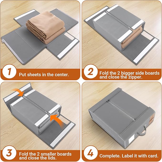 2 Pack Bed Sheet Closet Organizers and Storage,Sturdy Foldable Storage Containers with Window and Label,Storage and Organization for Bedding Sheets,Duvet Covers,Blankets (Grey)