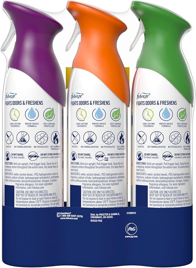 Febreze Air Mist, Air Freshener, Odor Fighting Room Spray, Deodorizer for Home Bathroom Kitchen Office Apartment Classroom, Lilac Sunrise, Summer Peaches, Mango Splash Variety Pack, 8.1oz (Pack of 3)
