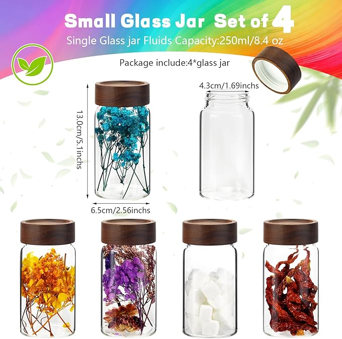 Patoper Small Glass Jars with Airtight Lid Clear Coffee Ground Storage Canister Wooden Lid Round Glass Spice Jar for Pantry Sugar Tea Bean Nuts Cookies Bath Salts (4×250ml(8.4oz))
