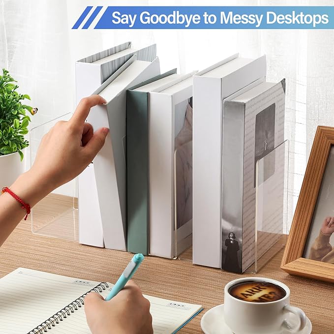 Eaasty 12 Pcs/ 6 Pairs Clear Acrylic Bookends for Shelves Heavy Duty Book End Desktop Organizer Bookshelf L Shaped Dividers Book Stopper for School Office Home Library File Movies CD