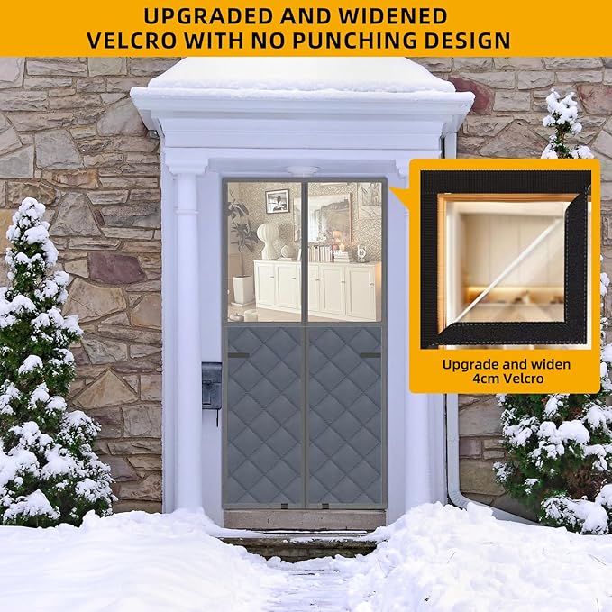 Magnetic Thermal Insulated Door Curtain for Winter,38" W x 97" H, Thermal Cover with Clear Window,Thicken Gray (Gray, Fit Door 36"x96")