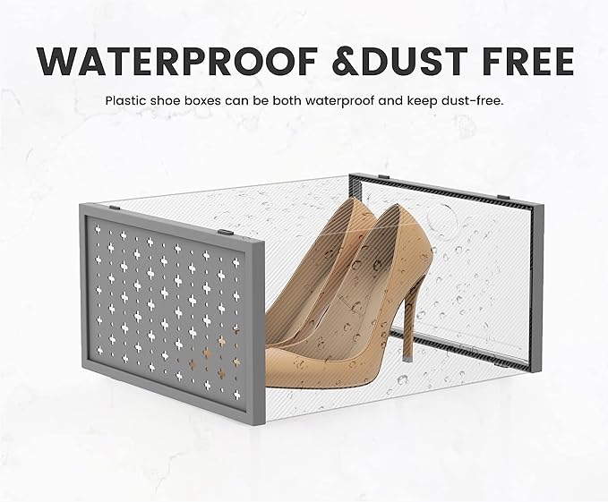 Pinkpum XXL Shoe Storage Box Fit for Size 14, Clear Plastic Stackable Shoe Organizer for Closet 12 Pack, Shoe Containers Sneaker Storage Grey