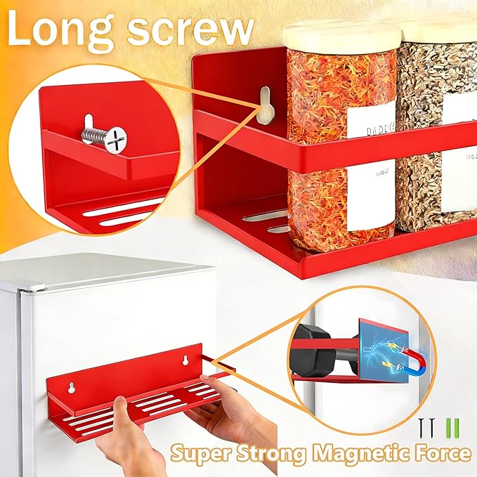 Magnetic Spice Rack for Refrigerator Seasoning Organizer for Spice Fridge Shelf storage Magnetic Shelf with Hook for Oven (4pack-Cut out-Red)