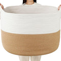 Foldable Laundry Hamper Basket with Collapsible Handle Cotton Rope Soft Woven Fabric Storage Organizer Clothes Toys Nursery Bedroom Dorm Space Saving Bin (White & Camel, 115L(23.6"D x 15.7"H))