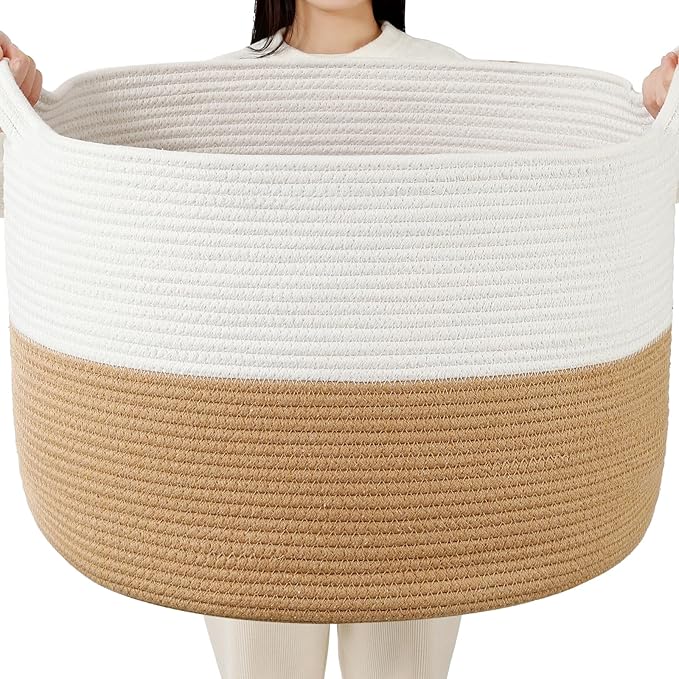 Foldable Laundry Hamper Basket with Collapsible Handle Cotton Rope Soft Woven Fabric Storage Organizer Clothes Toys Nursery Bedroom Dorm Space Saving Bin (White & Camel, 115L(23.6"D x 15.7"H))