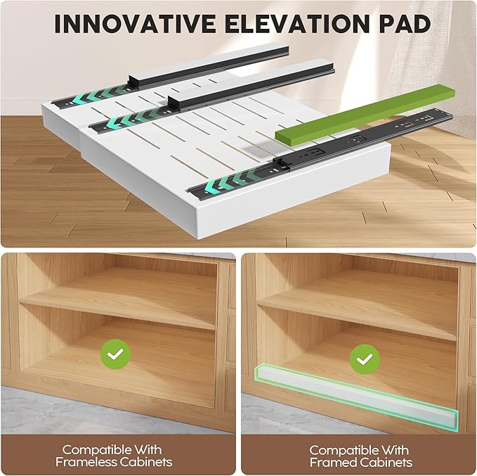 2 Pack Pull Out Cabinet Organizers 21" Deep With Raising Pad for Framed Cabinets, Expandable Width (15.2"-26.3") Slide Out Drawers Upgrade 3 Slide Rails, Roll Out Shelves Adhesive, White