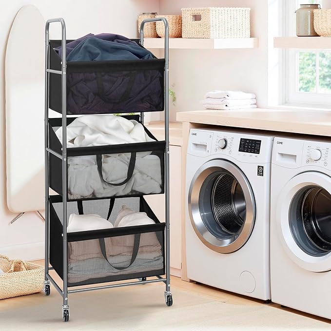 STO STO 3-Tier Vertical Rolling Laundry Hamper with Removable Bags, 120L Stackable Laundry Sorter Basket, Clothes Hamper with Wheels for Small Spaces, Closet, Bedroom, Bathroom, Laundry Room, Black