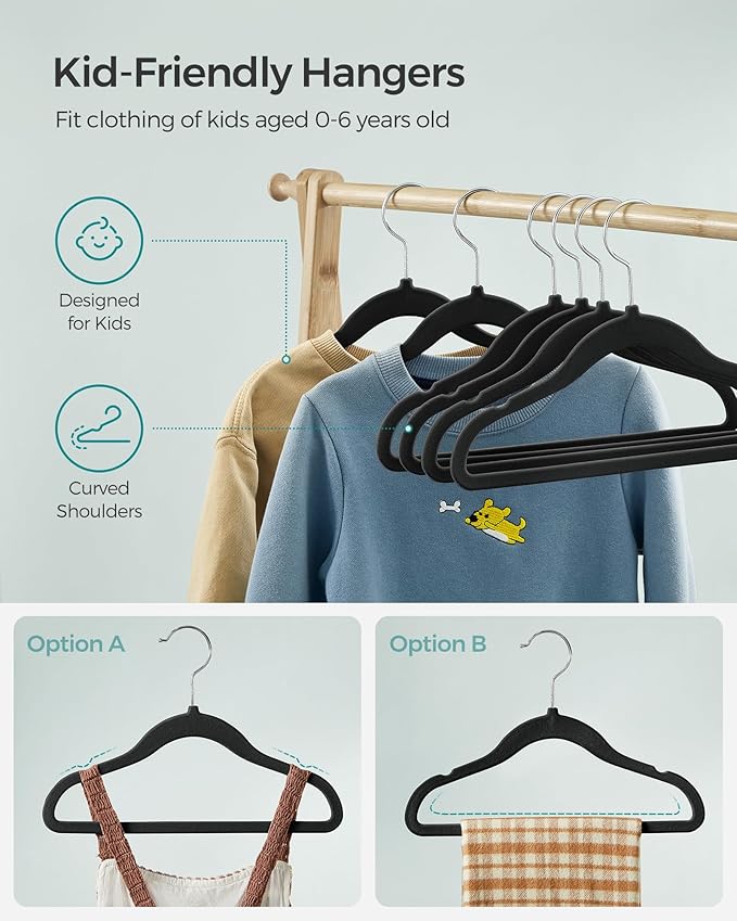 SONGMICS Baby Kids Hangers 50 Pack for Closet, 11.8 x 8.1 Inches, Silver 360° Swivel Hooks, Space-Saving Clothes Velvet Hangers for Nursery, Non-Slip, Ink Black UCRF027B05