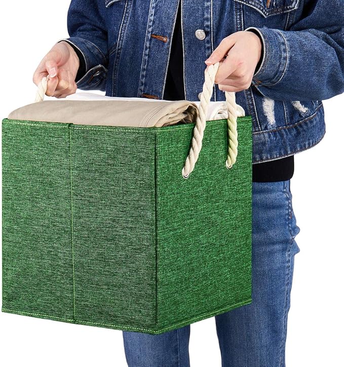 i BKGOO Foldable Storage Cube Bins Green Linen Fabric Collapsible Resistant Basket Box Organizer with Cotton Rope Handle for Home Office and Nursery 10.5x10.5x11 inch