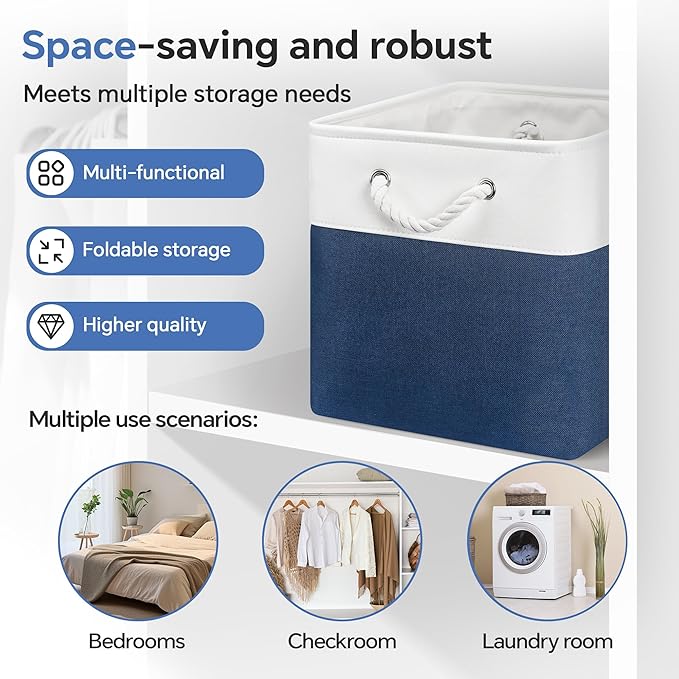13x13 Inch Cube Storage Bins with Reinforced Bottom Cardboard, 6 Pack Large Foldable Fabric Storage Cubes with Handles for Shelf, Closet, Laundry Organization (White&Navy Blue)