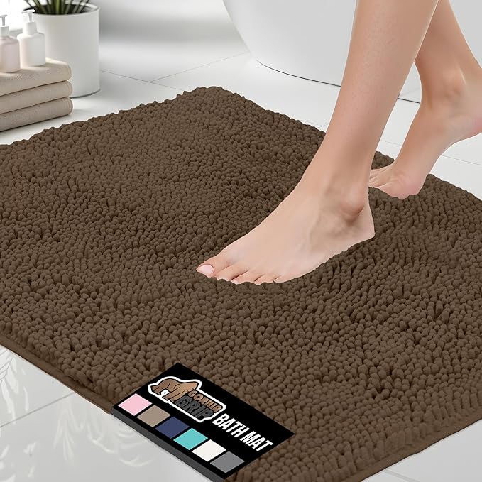 GORILLA GRIP Bath Rug Mat 36x24, Thick Soft Absorbent Chenille, Quick Dry Microfiber Mats, Rubber Backing Washable Shower Floor Rugs, Bathmat Runner, US Designed Bathroom Home Decor Accessories Brown