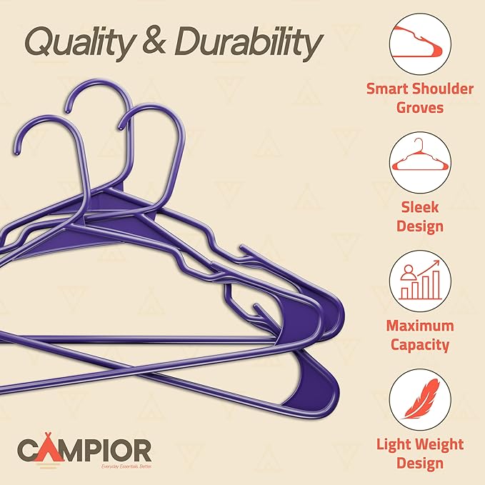 Purple Plastic Hangers 20 Pack– Heavy-Duty Plastic Hangers Slim and Space-Saving, Durable and Lightweight with Non-Slip Shoulder Notches for Slip Dresses, Suits, Jackets & Camisoles