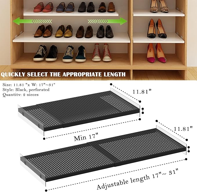 Closet Shelf Expandable-Large Metal Storage Rack DIY Divider Separator for Cabinet Wardrobe Cupboard Pantry Kitchen Bathroom (Perforated,Black, W: 11.81" x L: 17" to 31")