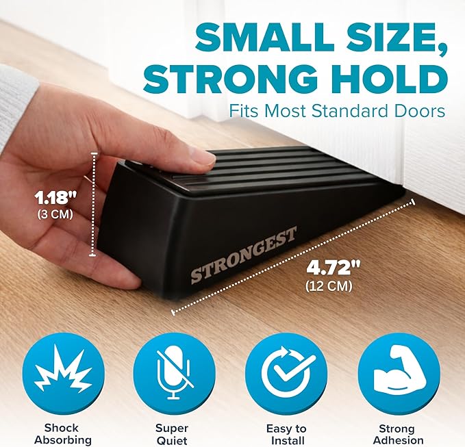 Strongest Home Heavy Duty Door Stopper Wedge (2 Black PCs) | Non-Slip Rubber and Metal Door Stop for Heavy Doors| Work on Wood, Tile, Carpet + 2 White Wall Protectors