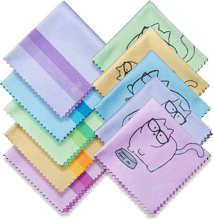 10 Pack Cute Kitty Cat Design Multicolor Microfiber Cleaning Cloths for Cleaning Eyeglasses Lenses Sunglasses and Cell Phone Beautifully Designer Colors Blue Pink Yellow Purple Green Cloth Wipes