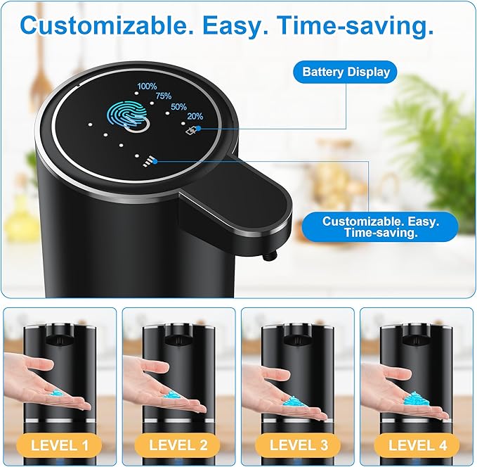 Automatic Soap Dispenser Touchless Automatic Liquid Soap Dispenser 4 Adjustable 1200mAh Soap Dispensing Levels Wall Mount for Kitchen and Bathroom