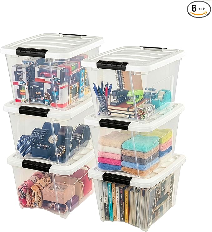 IRIS USA 19 Qt Stackable Plastic Storage Bins with Lids, 6 Pack - BPA-Free, Made in USA - See-Through Organizing Solution, Latches, Durable Nestable Containers, Secure Pull Handle - Clear/White