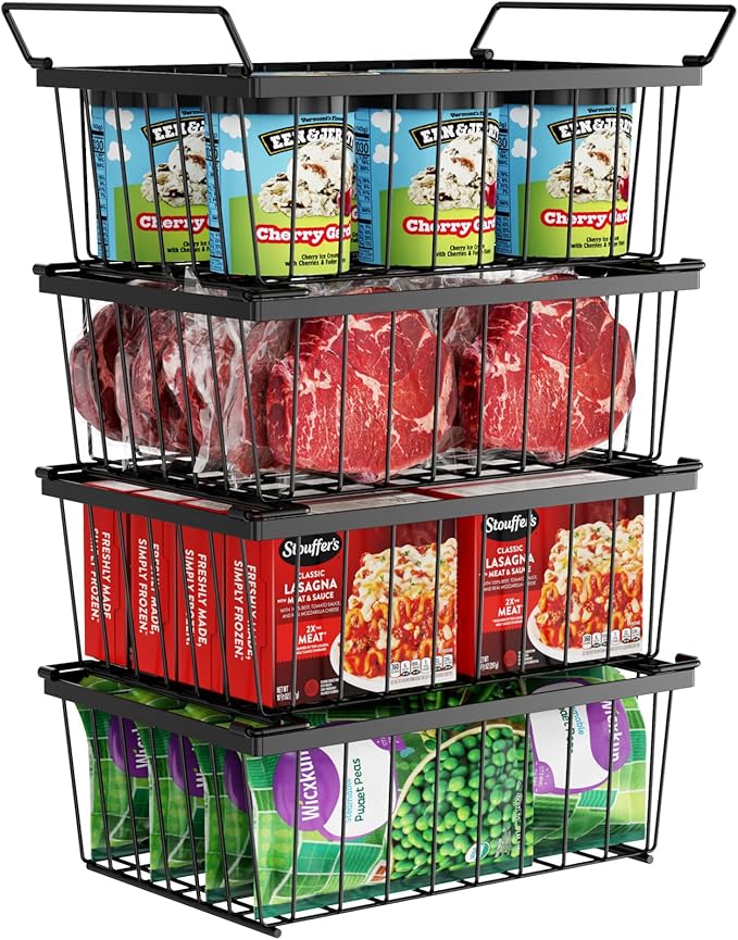 iSPECLE Freezer Organizer Bins, 4 Pack Stackable Chest Freezer Organizer for 5 Cu.Ft Deep Freezer, 14" x 9.4" Heavy Duty Wire Baskets with Handles, Easy Access to Sort Meat & Veggies, Black