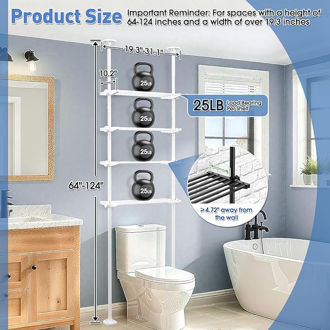 Over The Toilet Storage Shelf, 4-Tier Adjustable Over Toilet Bathroom Organizer,Tension-Mounted Bathroom Storage Rack for Ceilings, No Drill Space-Saving Shelving for Small Rooms,White