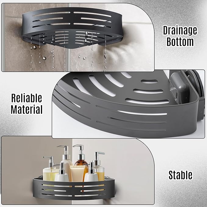 Corner Shower Caddy Shelves - Suction Cup Shower Organizer Shelf with 2 Hooks, Adhesive Bathroom Wall Hanging Storage, No Drilling Rustproof Stainless Steel Caddies for Bath Inside Shower