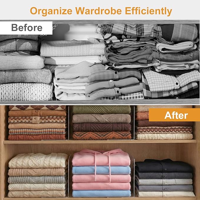 Shelf Dividers for Closet Organization: 10" Tall x 16" Deep, Deeper Adhesive Separators Features Acrylic Material and Provides Storage for Clothes and Sweater in Bedroom Cabinets(6-Pack)