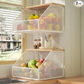 Stackable Fruit Basket for Kitchen Countertop Space Saving, Wall Mounted Mesh Metal Wire Basket with Wood Lid Extra Storage, 2 Pack Kitchen Counter Organizer for Snack, Onion and Potato Storage, White