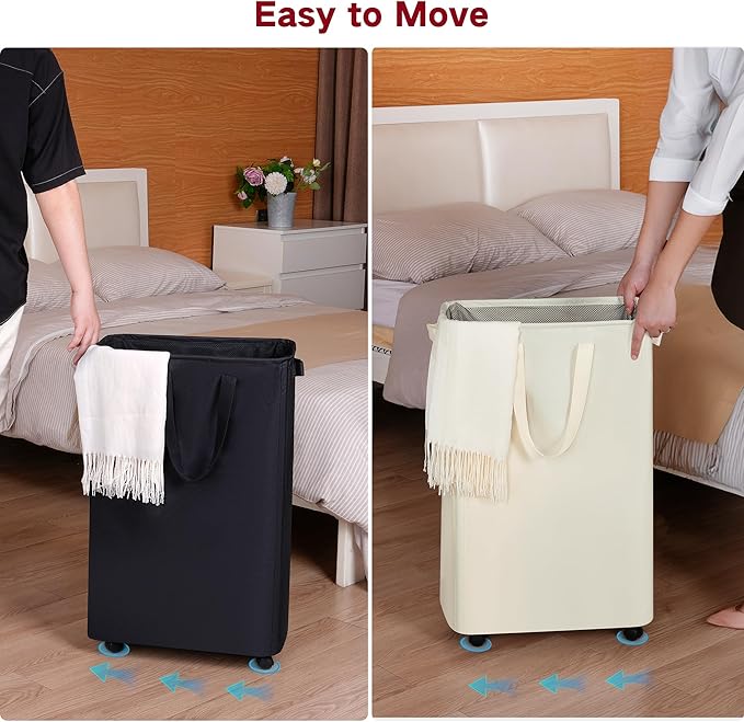 Slim Laundry Hamper with Wheels, Rolling Laundry Basket for Clothes, Small Laundry Basket for Bedroom, Dorm and Laundry Room, 75L (19.8 Gallons) Beige