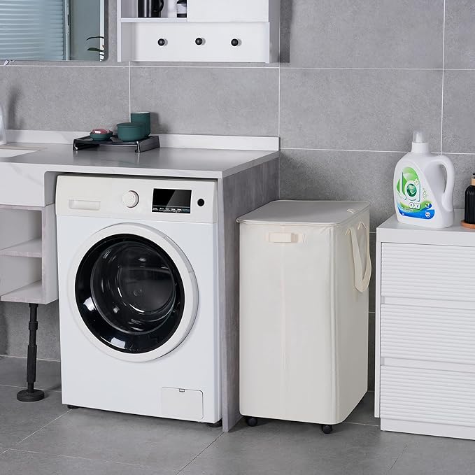 Slim Laundry Hamper with Lid and Wheels, Small Rolling Laundry Basket with Handle for Small Spaces, Tall Dirty Clothes Hampers for Dorm, Bathroom and Bedroom, 95L, Beige