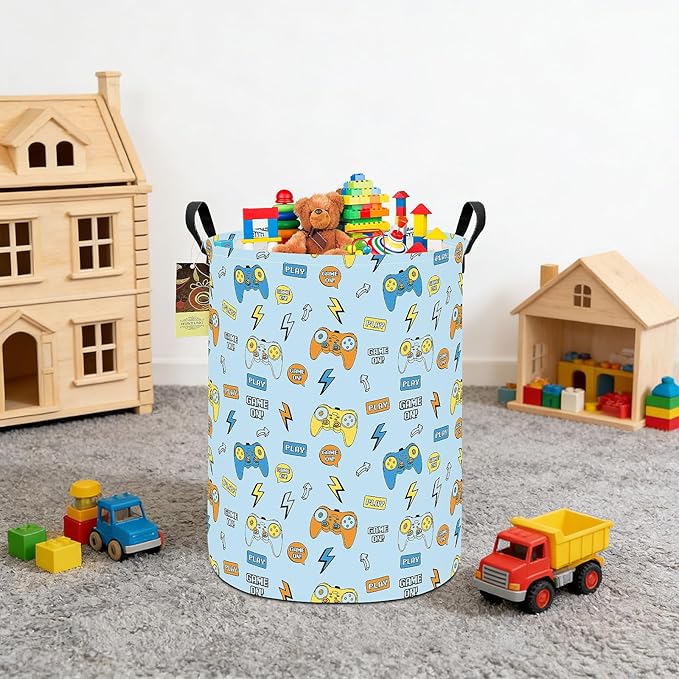 HUNRUNG Laundry Hamper,Large Canvas Fabric Lightweight Storage Basket Toy Organizer Dirty Clothes Collapsible Waterproof for College Dorms（Round-Color Game）