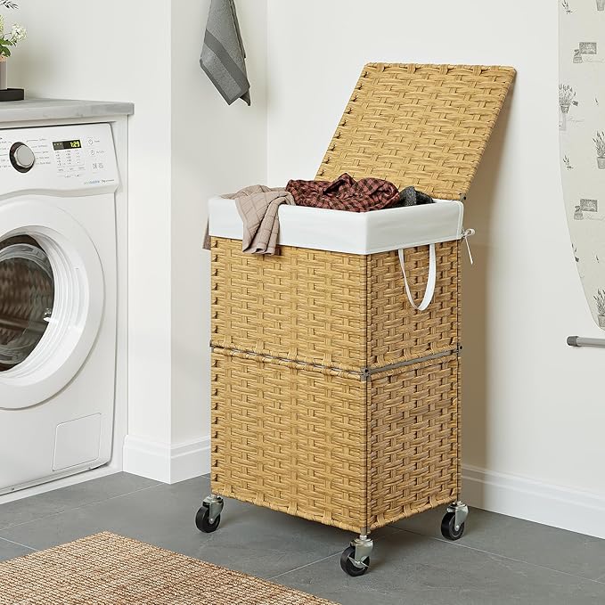 Chrislley 90L Slim Laundry Hamper with Wheels, Rolling Laundry Basket with Lid and Renovable Liner Bag, Handwoven Rattan Organizer for bedroom, bathroom, laundry room (Yellow)