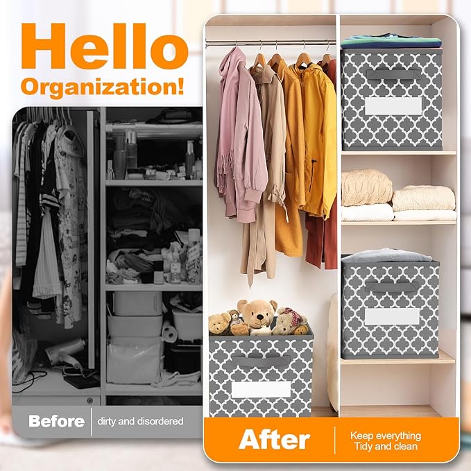 homyfort Cube Storage Organizer Bins - Fabric Storage Cubes Bin Foldable Baskets Square Box for Shelf, Nursery, Cabinet, Clothes, Toys, Set of 6 (Grey2, 13 inch-4Pack)