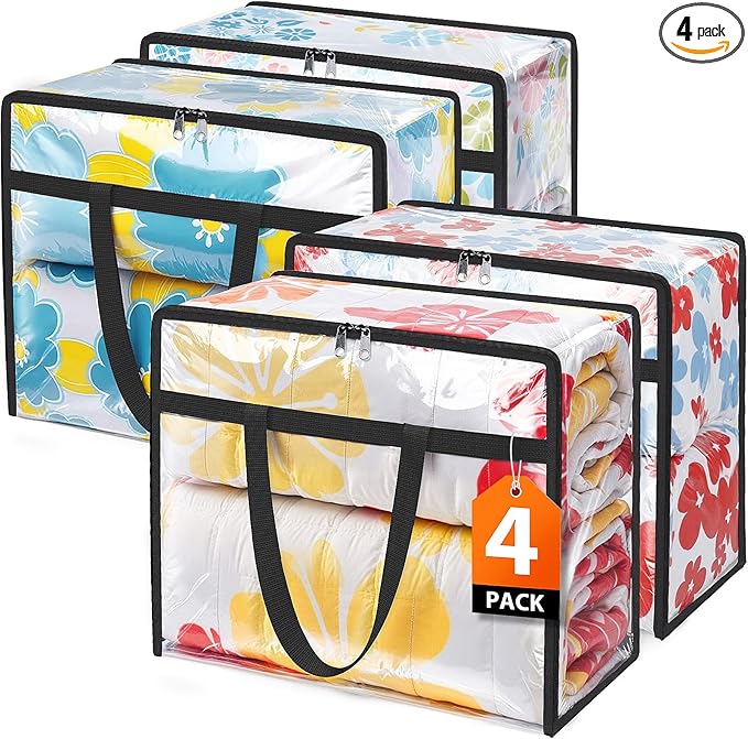 Clear Storage Bags, 4 Pack Under Bed Storage and Closet Organizers Containers, Vinyl Foldable Heavy-Duty Moving Bags with Zippers for Comforter, Bedding, Duvet, Blanket & Toy Storage, 40L
