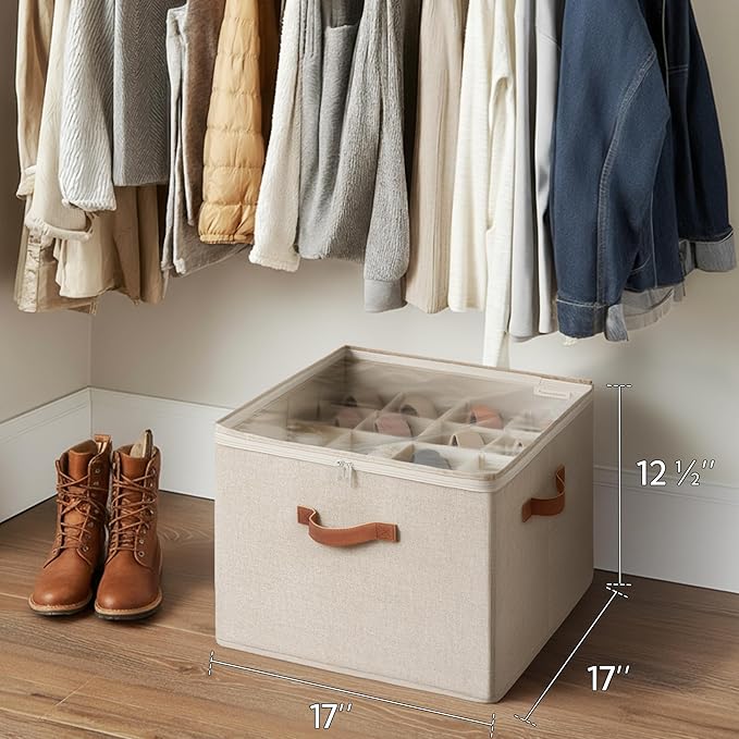 StorageWorks Shoe Organizer for Closet, Fits up to 16 Pairs, Shoe Cubby Storage Containers with Adjustable Dividers and Clear Cover, Taupe | Fits up to 16 Pairs, Clear Cover
