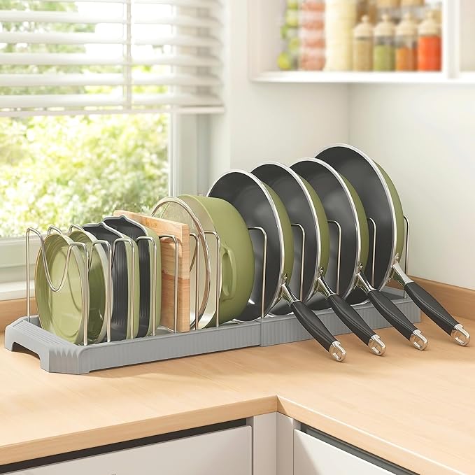 Pots and Pans Organizer for under Cabinet, Pan Pot Organizers inside Cabinet, Expandable Organizer with 12 Adjustable Dividers for Cookie Sheets, Cutting Boards, Pot Lids, Cookware - Pan Rack, Grey