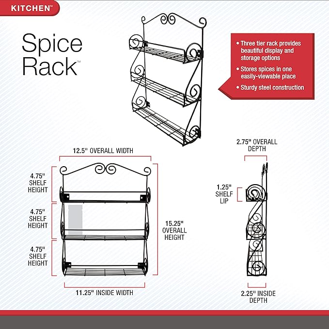 Spectrum Diversified Scroll Wall-Mounted Traditional Spice Rack Organizer for Cabinet & Kitchen, 3-Tier, Beauty & Nail Polish, 43710