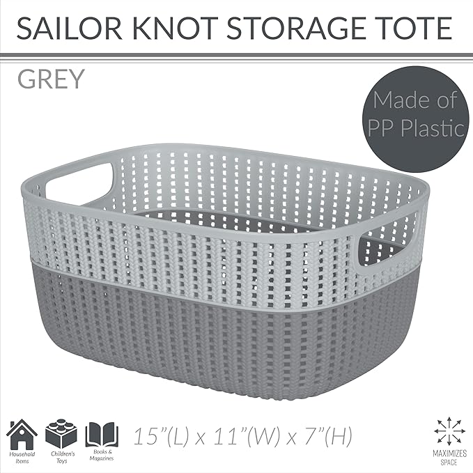 Simplify 2 Tone Sailor Knot Plastic Storage Tote | Decorative Basket | Closet Organization | De-clutter | Accessories | Toys | Bathroom Organization | Large | Grey/Grey