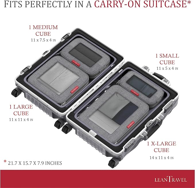 LeanTravel Compression Packing Cubes for Travel Organizers with Double Zipper 4 pack - Grey