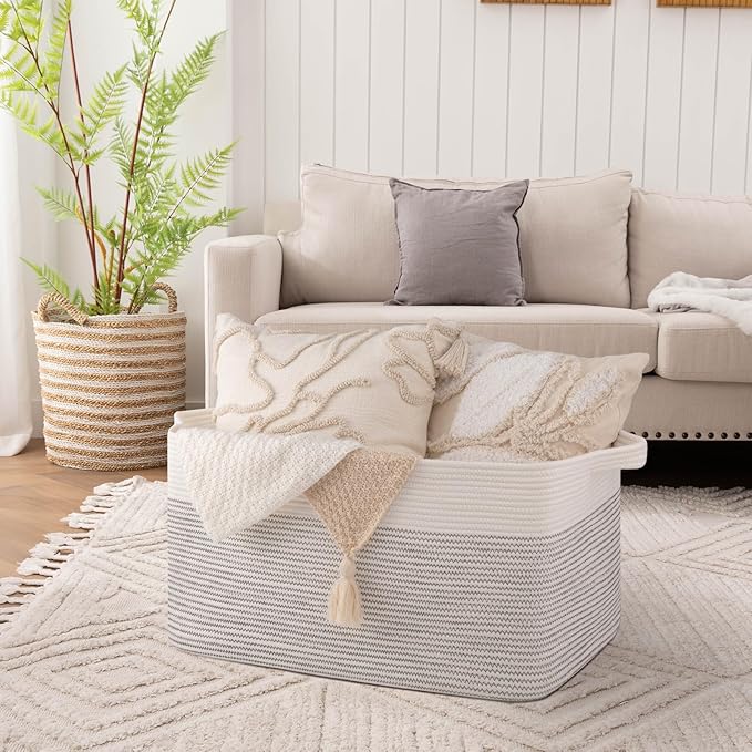 OIAHOMY Extra Large Blanket Basket, 95L Woven Storage Basket, Cotton Rope Toy Bin for Baby Room, Container for Storage in Living Room, 24''×17''×14'', Black & White
