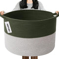 115L Large Blanket Basket,23.6" L x 23.6" W x 15.7" H Rope Woven Baskets with Handles, Toys Storage Bins,Laundry Basket Perfect for Living Room, Nursery,Bedroom,Home Organization,Green&White