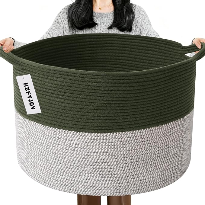115L Large Blanket Basket,23.6" L x 23.6" W x 15.7" H Rope Woven Baskets with Handles, Toys Storage Bins,Laundry Basket Perfect for Living Room, Nursery,Bedroom,Home Organization,Green&White