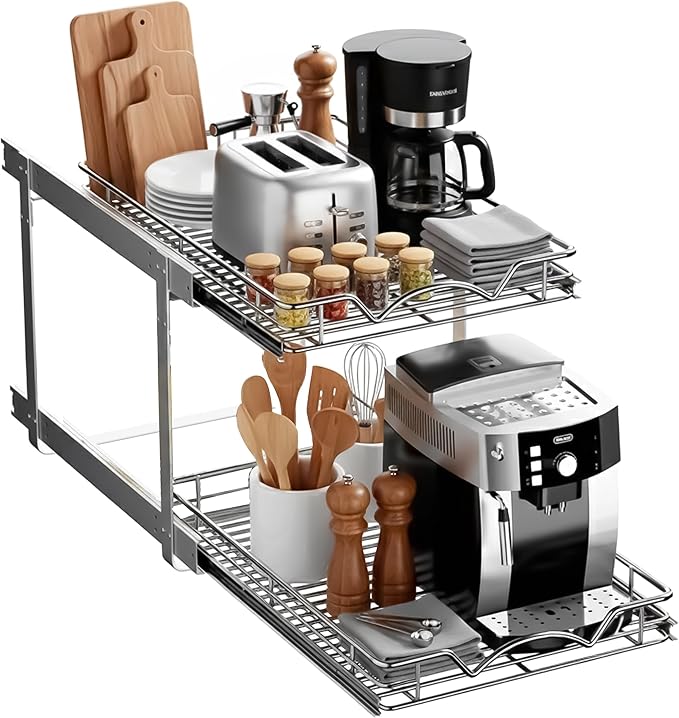 2-Tier Pull-Out Cabinet Organizer with Heavy-Duty Steel Frame, Full-Extension Sliding Shelves, Holds 100 lbs, Easy Install for Kitchen, Pantry & Under Sink Cabinets, 17" W x 21”D x 16.5" H