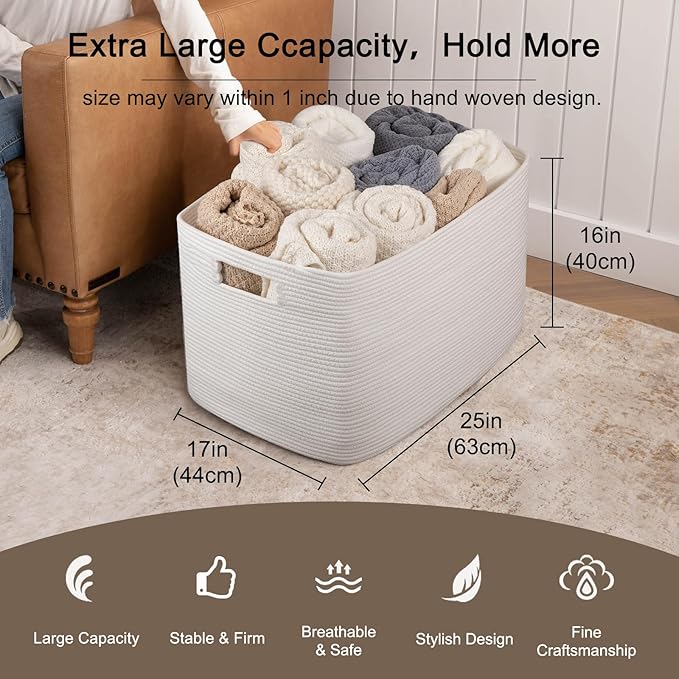 OIAHOMY 118L XXXLarge Cotton Rope Storage Basket, Oversized Blanket Basket, Used for Organizing Dirty Clothes in Living Room, Bedroom, Nursery, Dog Toy Storage Bins, 25" x 17" x 16",White