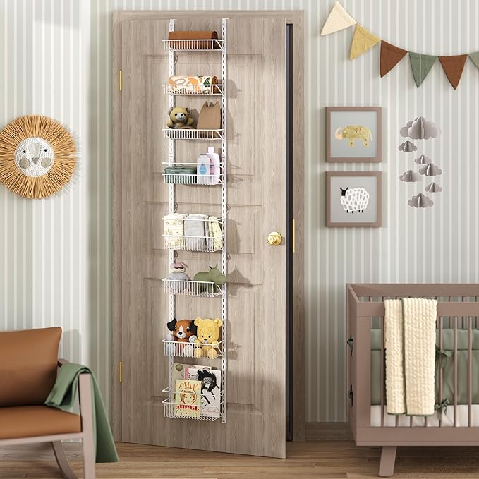 ClosetMaid Adjustable Organizer Rack with Baskets Wall or Over Door Mount, for Kitchen, Pantry, Utility Room, Closet, 12 in. W, White Finish