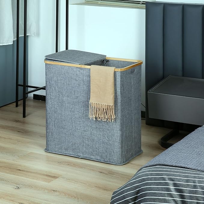 efluky Laundry Hamper with Lid, Double Laundry Hamper with 2 Removable Bags, 2 Section Laundry Basket with Bamboo Handles for Bathroom, Bedroom & Laundry Room, 140L (36.9 Gallon) Blue Grey