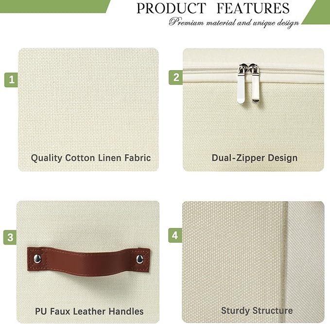 Storage Bins with Zipper Lid Foldable Fabric Lidded Storage Boxes Baskets Cubes Washable Collapsible PU Leather Handle Cotton Linen Shelf Fabric Closet Organizer Container(Beige, Small Size)