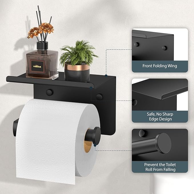 FORIOUS Toilet Paper Holder with Shelf, Adhesive or Screw Wall Mount Toilet Paper Roll Holder for Bathroom, SUS 304 Stainless Steel Commercial Toilet Tissue Holder with Storage Dispenser, Matte Black