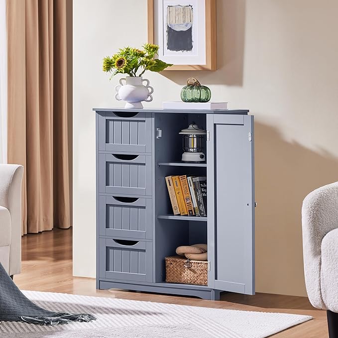 Yaheetech Large Bathroom Floor Cabinet with 4 Dawers and Single Door Cabinet, Freestanding Storage Cabinet for Living Room Kitchen Hallway, Gray