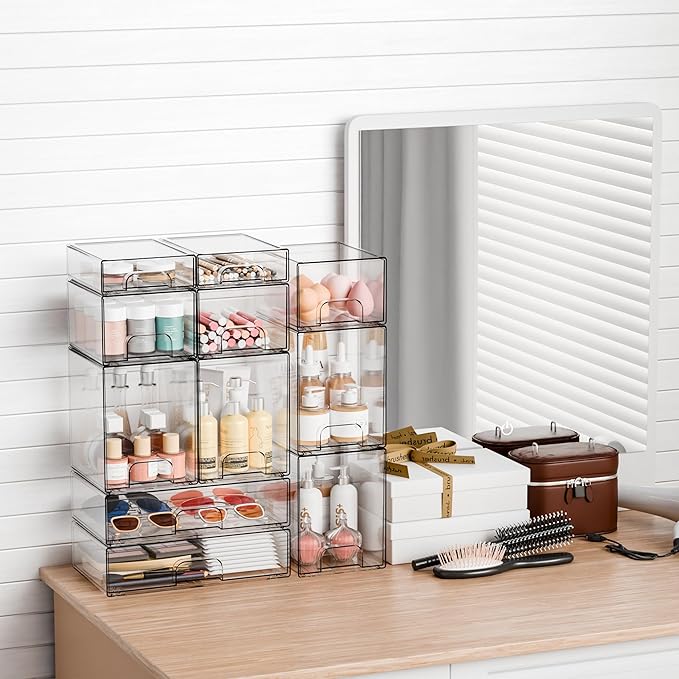 Yieach 8 Pack Small Clear Stackable Storage Drawers,2.2'' Tall Desk Organization and Storage,Plastic Office Supply Organizer,Acrylic Storage Containers for Makeup,Hair Clip,Accessory,Pen,Art Crafts