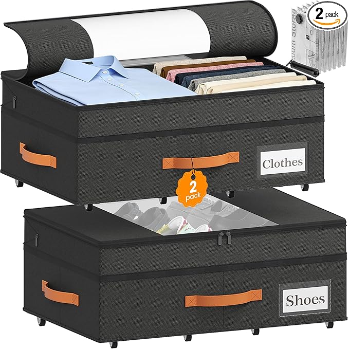 2-Pack Under Bed Storage with Wheels and 6 Vacuum Seal Bags, Adjustable Height 7.9"-10.2",63L Clear Lid Expandable Organizer for Bedding Blankets Clothes Shoes Toys,Space Saving Quick Assembly, Black